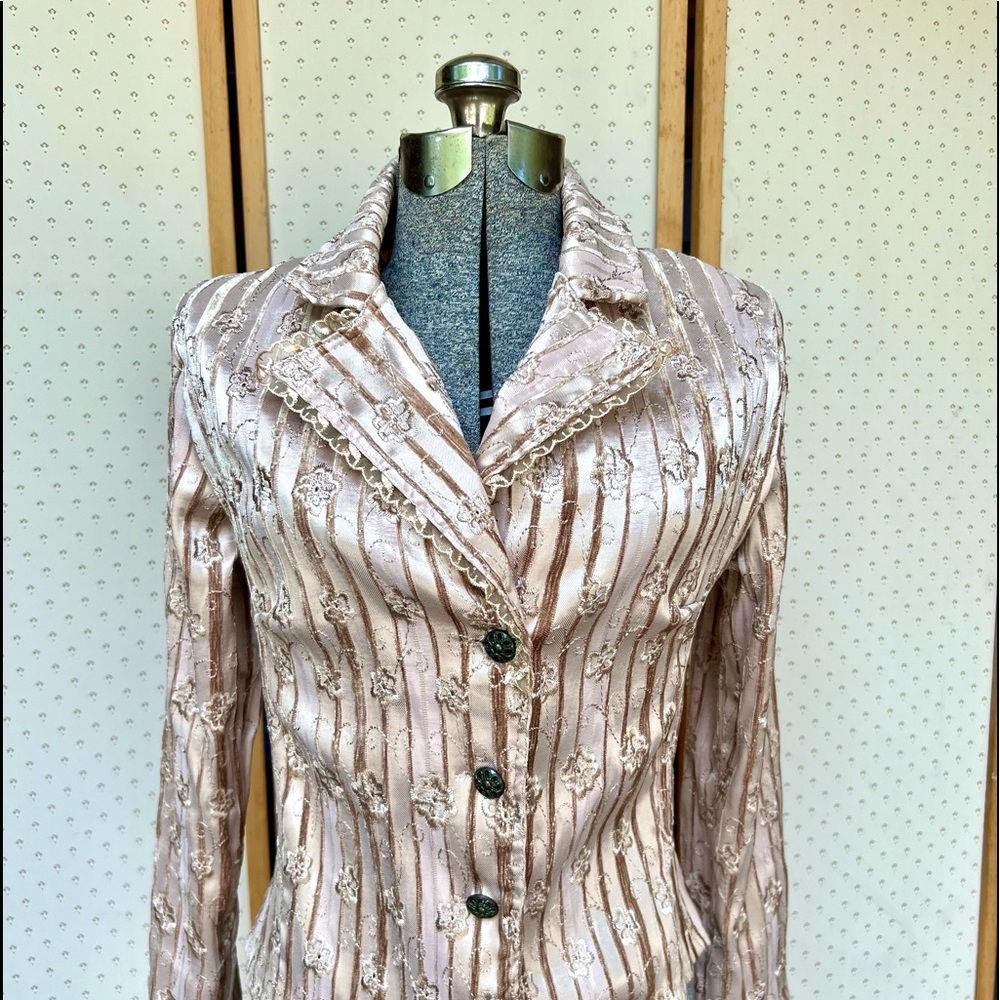 Satin Floral Tan Beige Laced Collar Jacket Blazer Size Small Steampunk Vintage